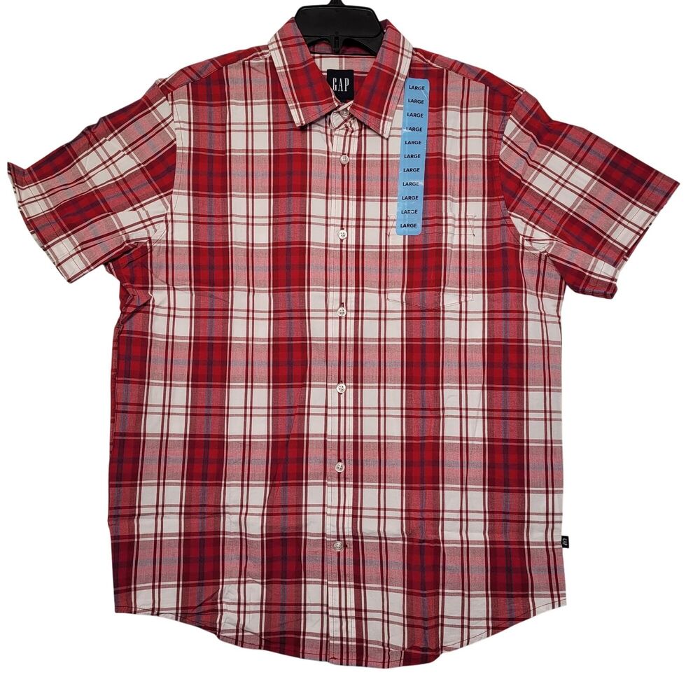 GAP Men's Red Plaid Short Sleeve Button-Up Cotton Poplin Shirt Size Large